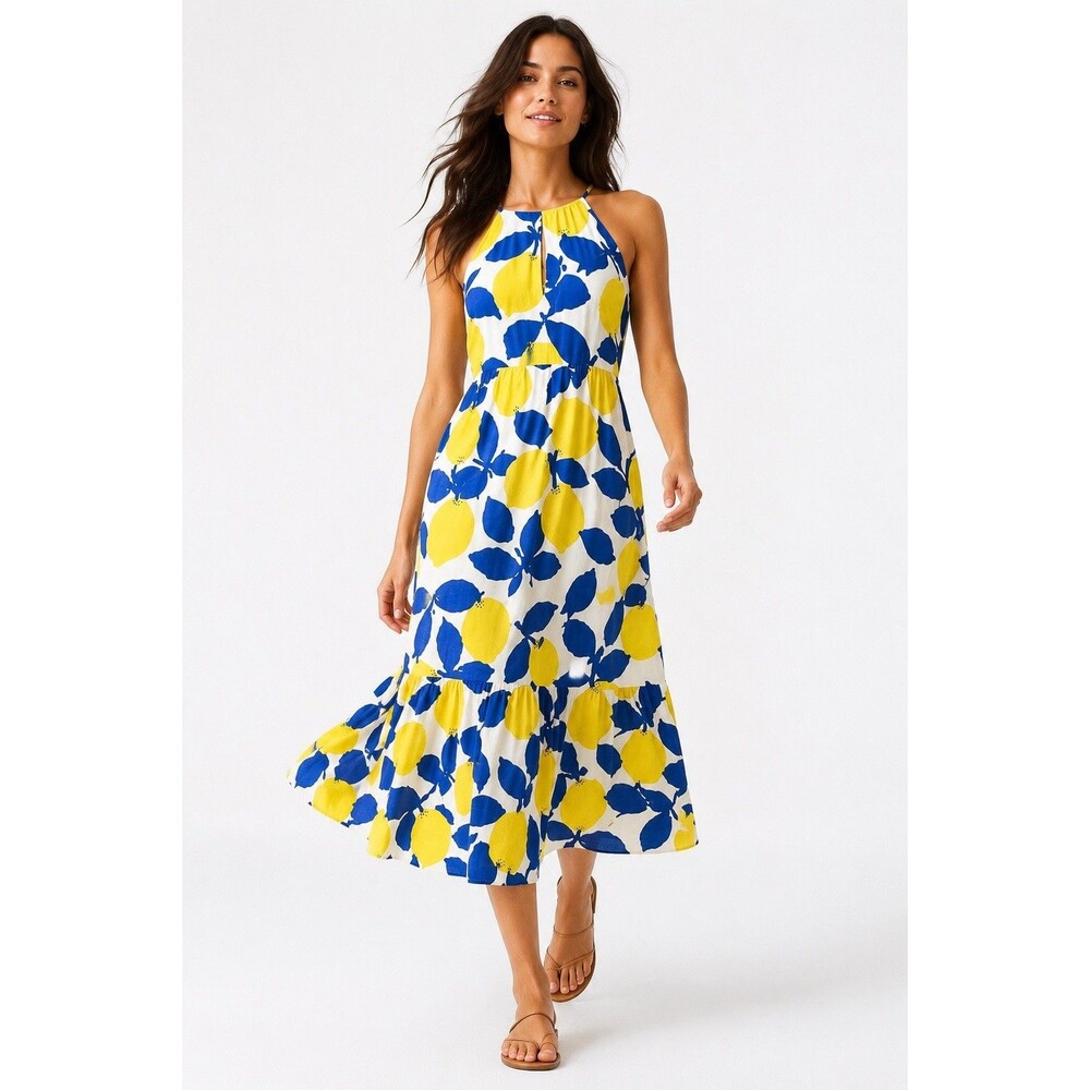 Ann Taylor LOFT Lemon Print Halter Dress Size 8 Blue Yellow Citrus Midi Sundress
